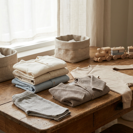 Neatly folded baby clothing in soft neutral tones on a wooden table, with rompers, knit cardigan and tiny trousers in gentle daylight.