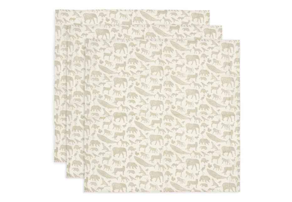 Hydrofiele Doek Small 70x70cm Animals - Olive Green - 3 Stuks - Babywinkel - 8717329376984