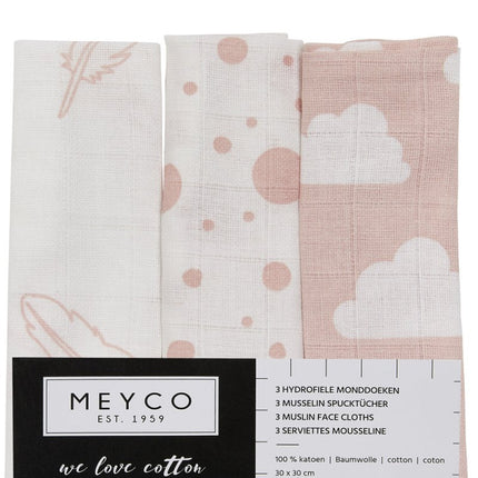 Meyco Monddoekje 3St Feathers - Clouds - Dots Roze/Wit - Meyco - Babywinkel - 4054703457247