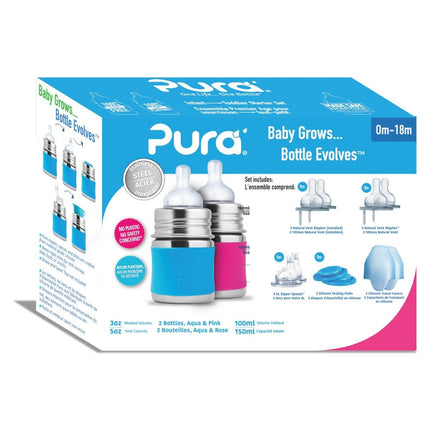 Pura Babyfles Staterset 150Ml Aqua/Roze 12 delig - Pura - Babywinkel - 858312007145