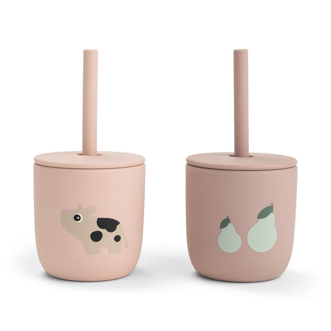 Silicone straw cup 2 - pack Tiny farm Roze koop je bij Babywinkel