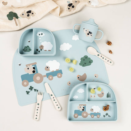 Siliconen drinkbeker met tuit en handvatten Tiny farm Blue koop je bij Babywinkel