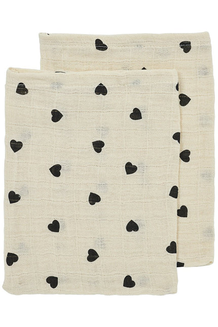 Washandjes 2 - pack pre - washed hydrofiel Sweet Heart - soft sand/black - 20x17cm - Babywinkel - 4054703083125